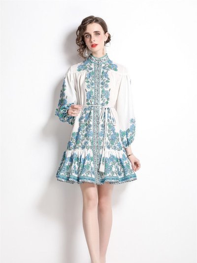 Kaimilan White & Light Blue & Gren Print Day A-line Shirt Colar Long Sleeve Short Dress product
