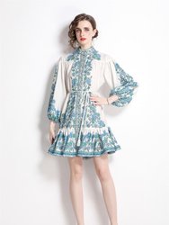 White & Light Blue & Gren Print Day A-line Shirt Colar Long Sleeve Short Dress