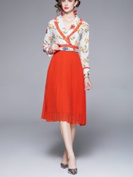 White & Red Office A-line Notch Lapel Long Sleeve Below Knee Dress - Multicolor