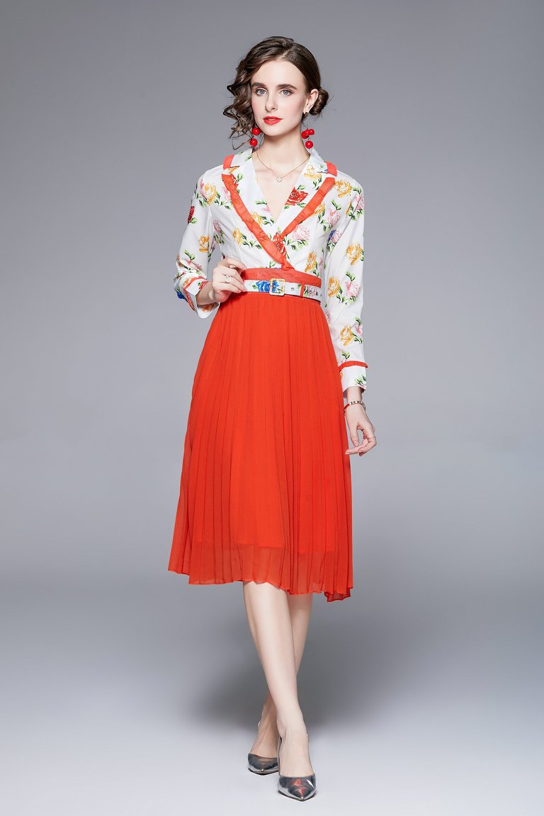 White & Red Office A-line Notch Lapel Long Sleeve Below Knee Dress - Multicolor