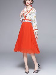 White & Red Office A-line Notch Lapel Long Sleeve Below Knee Dress