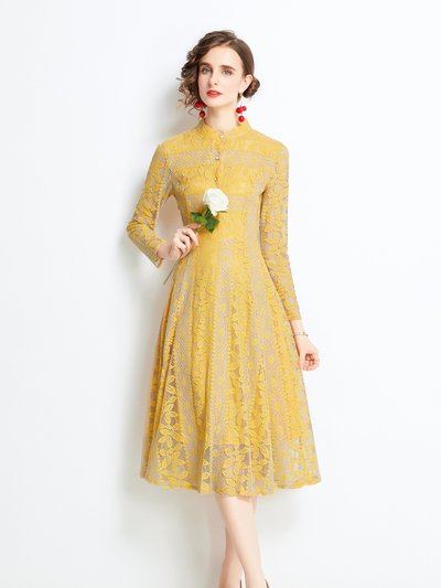 Kaimilan Yellow Evening Buttoned Lace A-line High Neck Long Sleeve Below Knee Dress product