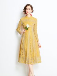 Yellow Evening Buttoned Lace A-line High Neck Long Sleeve Below Knee Dress - Yellow