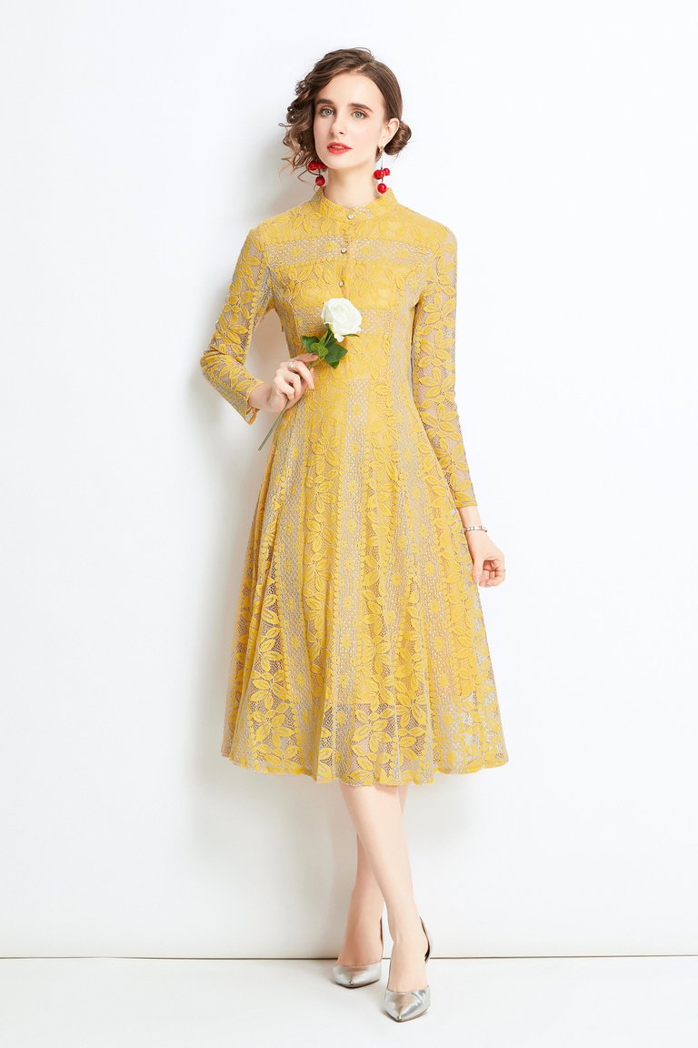 Yellow Evening Buttoned Lace A-line High Neck Long Sleeve Below Knee Dress - Yellow