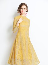 Yellow Evening Buttoned Lace A-line High Neck Long Sleeve Below Knee Dress