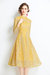 Yellow Evening Buttoned Lace A-line High Neck Long Sleeve Below Knee Dress