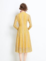 Yellow Evening Buttoned Lace A-line High Neck Long Sleeve Below Knee Dress