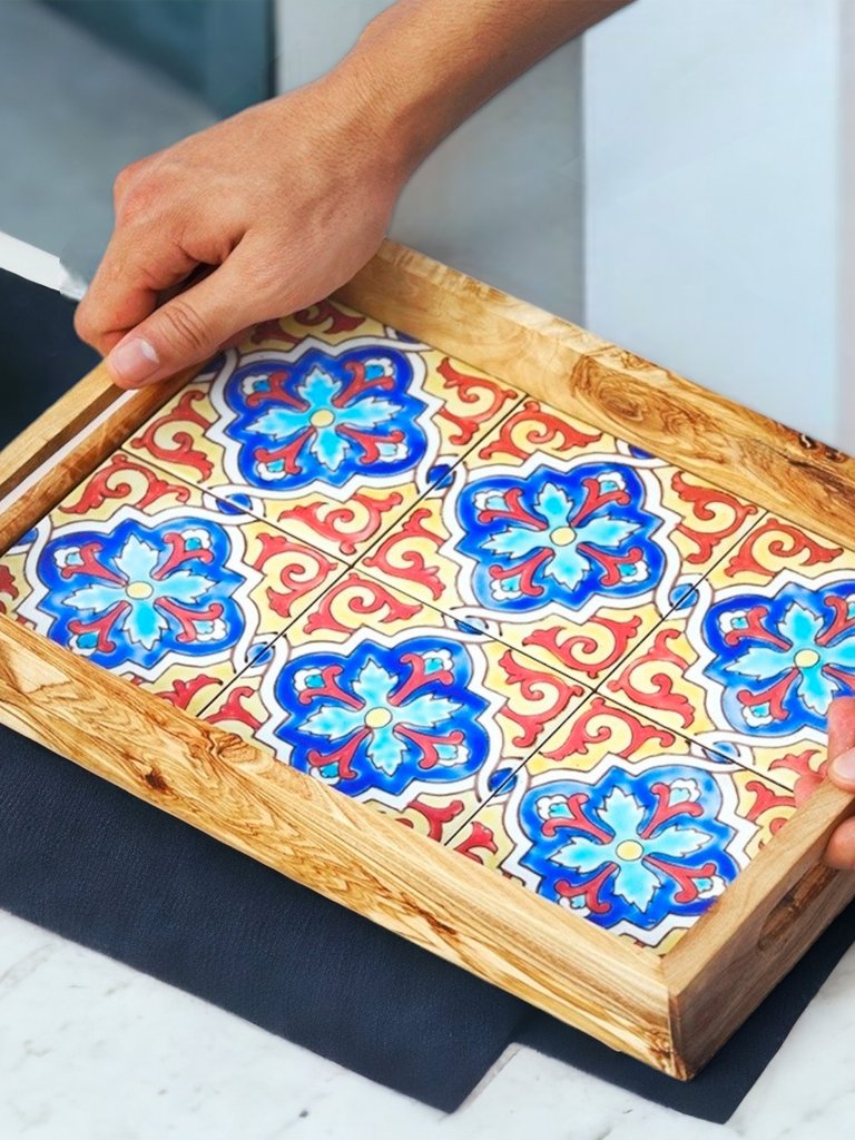 Large olive wood Serving Tray With Ergonomic Handles, Alhambra Design