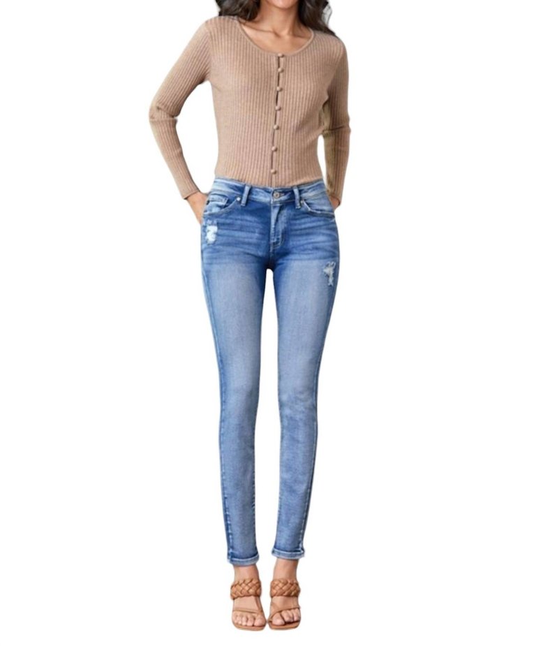 Mid Rise Slightly Distressed Skinny Jean Medium In Denim - Denim