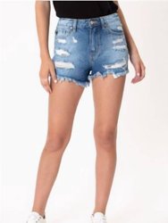 Pastel Thread Distressed Denim Shorts In Medium Wash