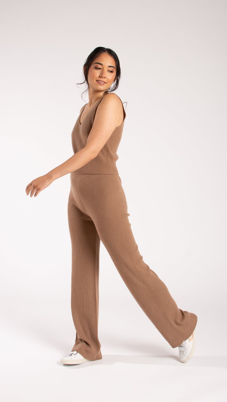 Ribbed Cashmere Flare Pants - Brown