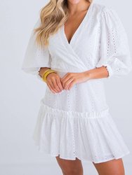 Eyelet Wrap Puff Sleeve Dress - White
