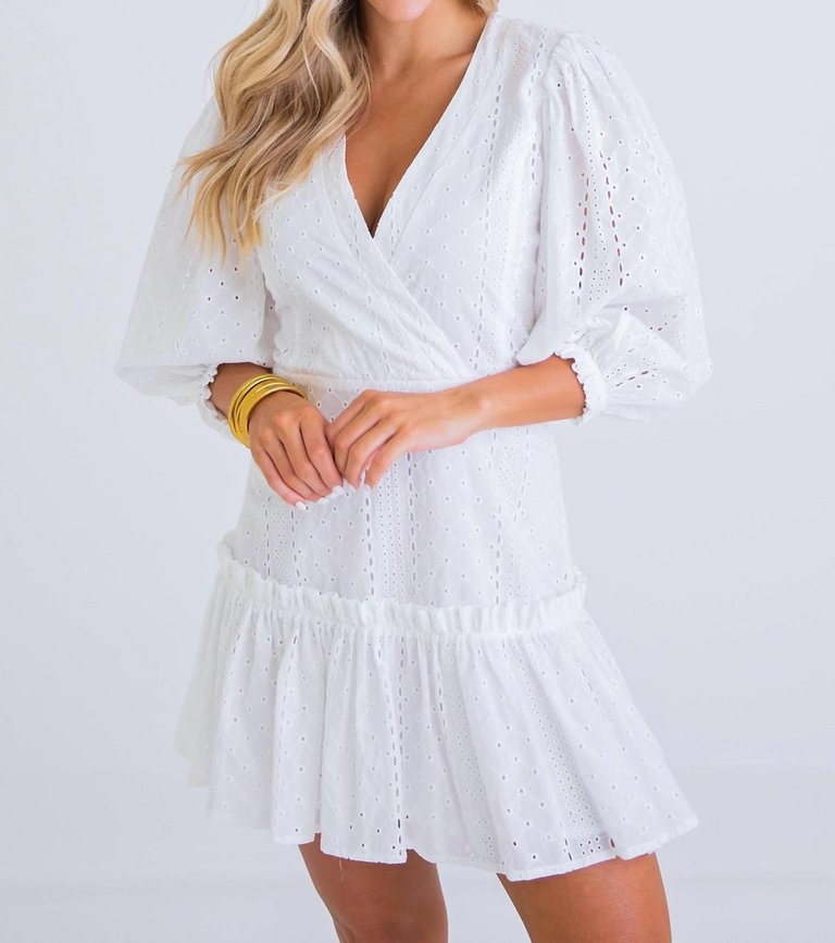 Eyelet Wrap Puff Sleeve Dress - White