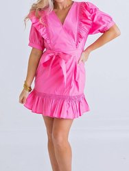 Solid Poplin Wrap Ruffle Dress - Hot Pink