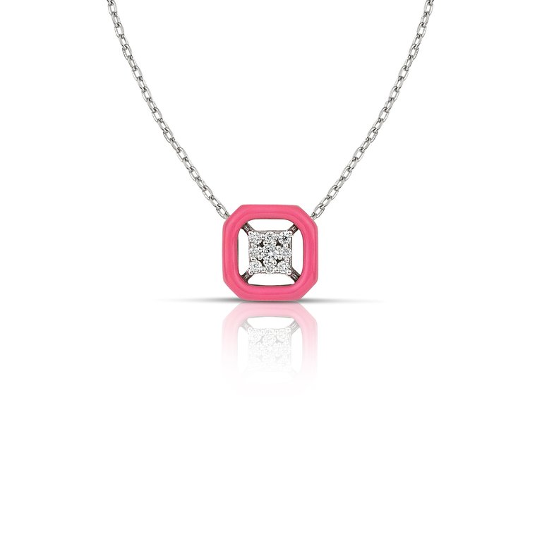 Deco Gold Necklace With Diamonds And Pink Enamel - Pink/Silver