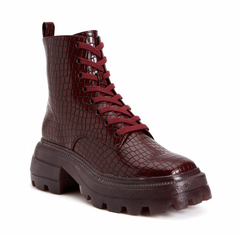 The Geli Combat Croco Emboss Boot - Burgundy - Burgundy