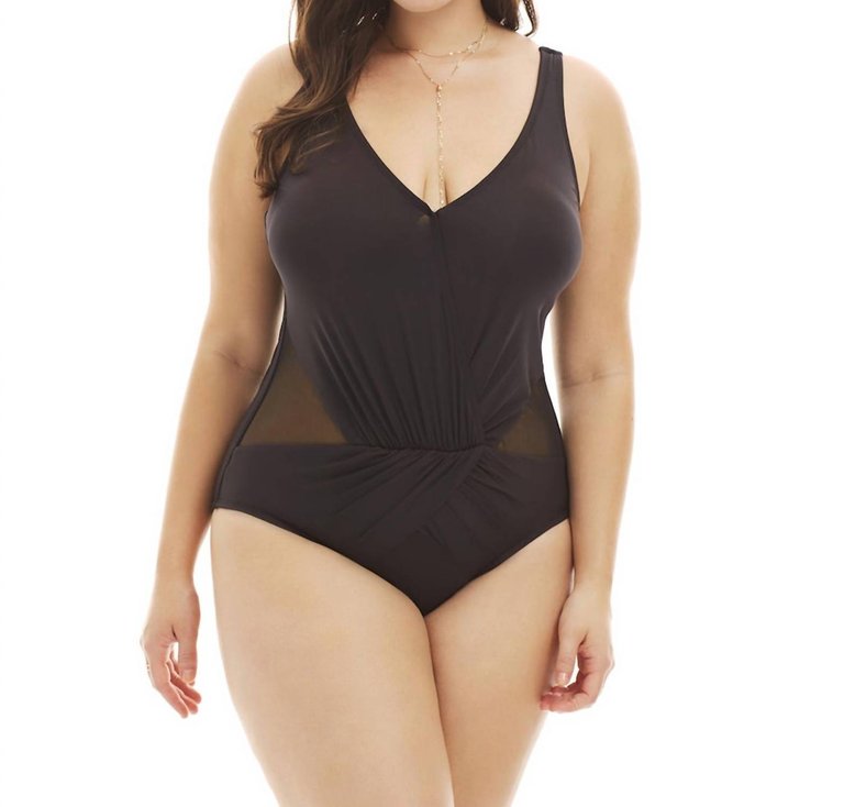 Plus Size Shirred Halter One Piece Swimsuit In Ready To Ruffle Black - Ready To Ruffle Black