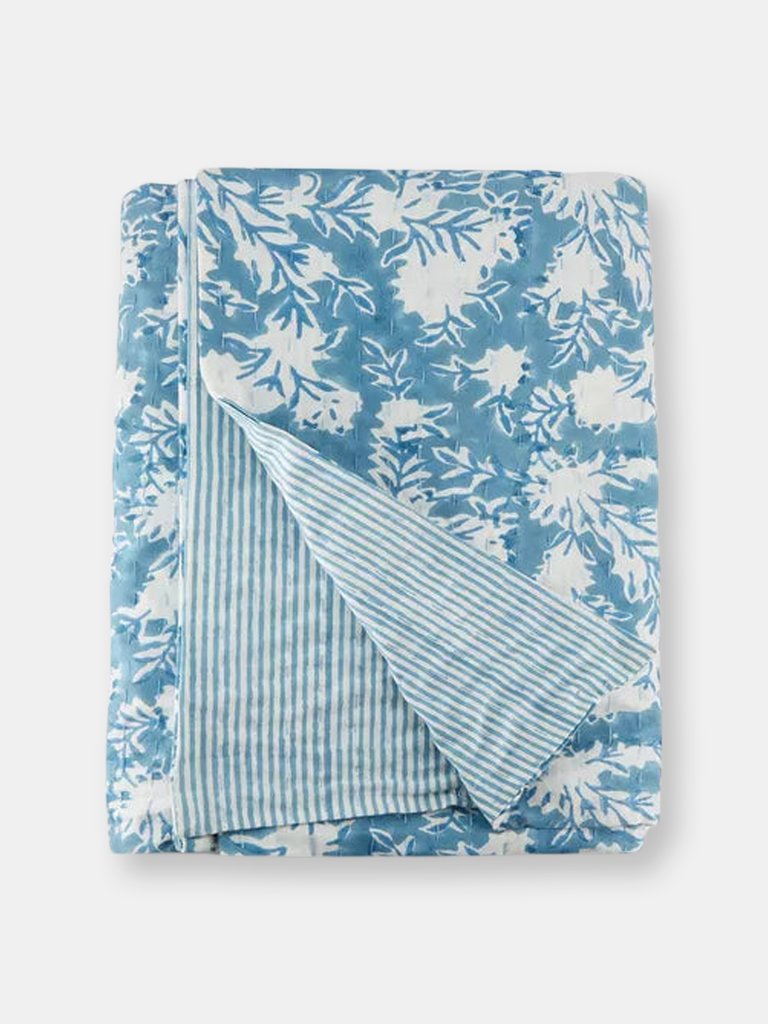 Capri Blue Block Print Stitched Throw Blanket