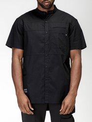 Men's Band Collar Panel Shirt In Black - Black