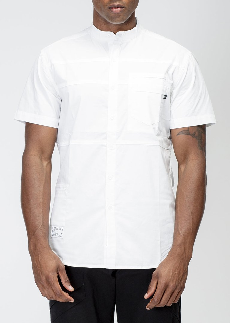 Men's Band Collar Panel Shirt In White - White