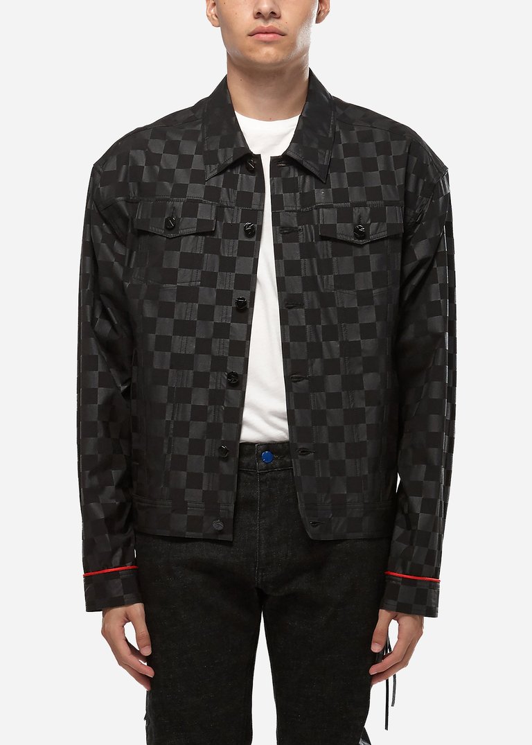 Men's Black Checkered Trucker Jacket - Black