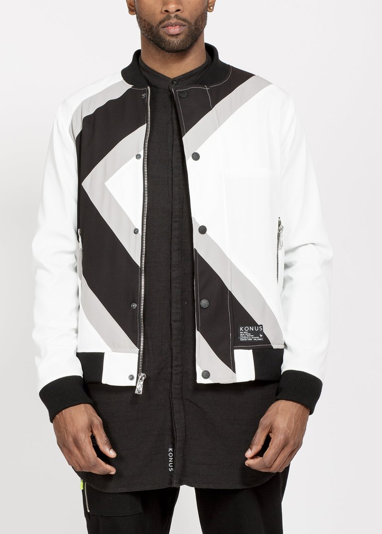 Men's Bomber Jacket With Geometric Panels In White - White