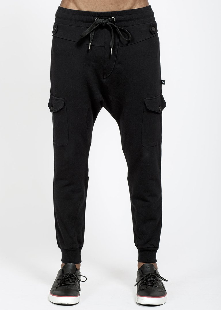 Men's Drop Crotch Cargo Pockets Sweatpants In Black - Black