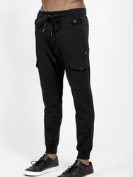 Men's Drop Crotch Cargo Pockets Sweatpants In Black