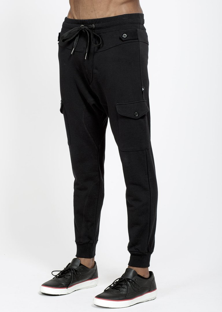 Men's Drop Crotch Cargo Pockets Sweatpants In Black