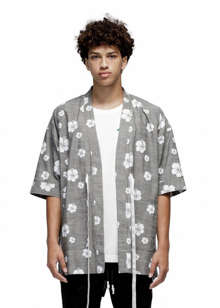 Men's Floral Kimono Shirt In Gray