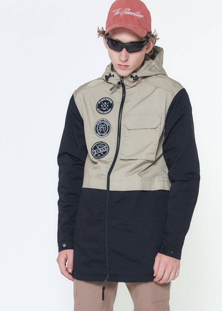 Men's Hooded Jacket With Color Block x Patch In Khaki - Khaki