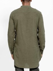 Men's Long Mandarin Collar Shirt With Welt Pockets - Olive