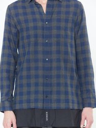 Men's Longline Button Up Shirt In Plaid in Navy - Navy
