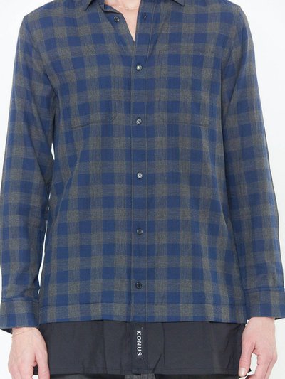 Konus Men's Longline Button Up Shirt In Plaid in Navy product