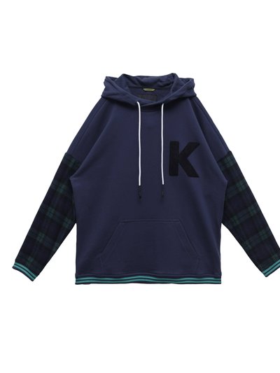 Konus Men's Pullover Hoodie With Wool Blend Plaid Sleeves - Navy product