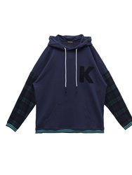 Men's Pullover Hoodie With Wool Blend Plaid Sleeves - Navy - Navy