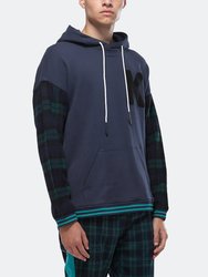 Men's Pullover Hoodie With Wool Blend Plaid Sleeves - Navy