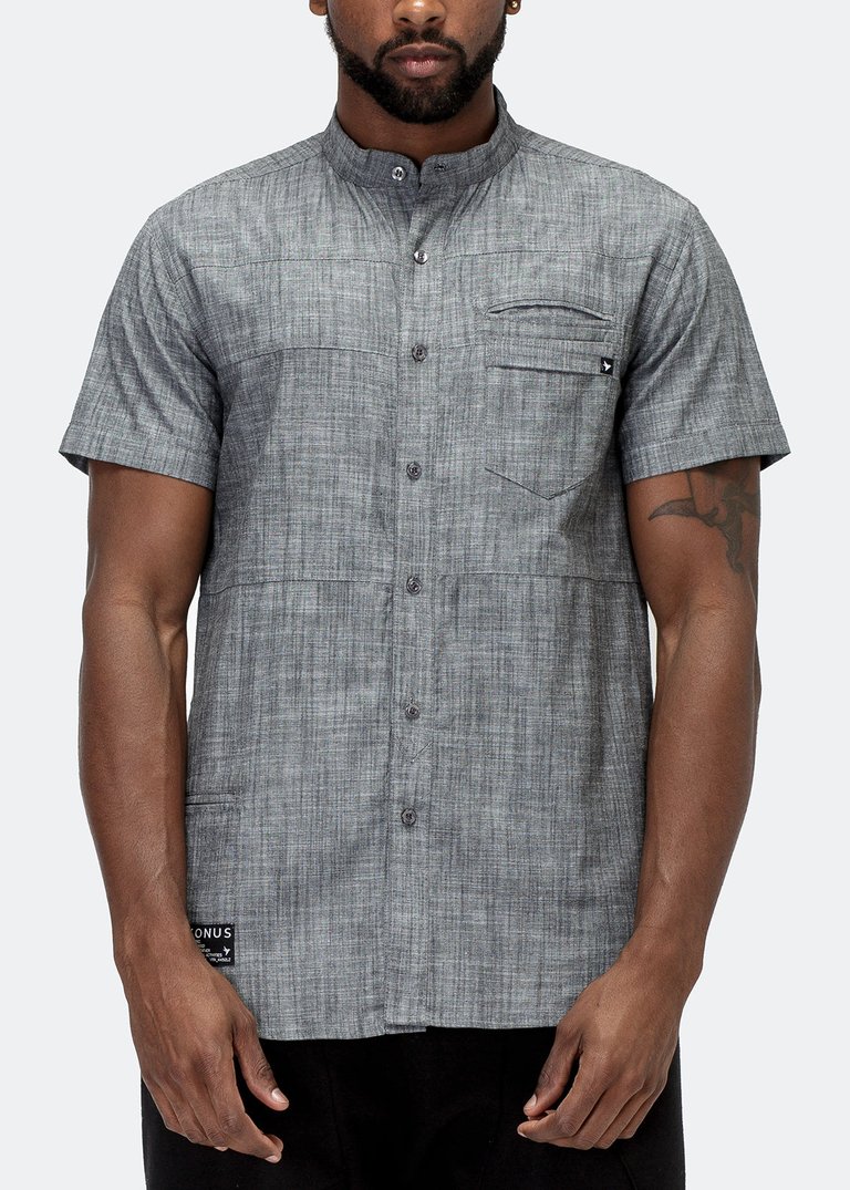 Men's Short Sleeve Mandarin Collar Shirt In Charcoal - Charcoal