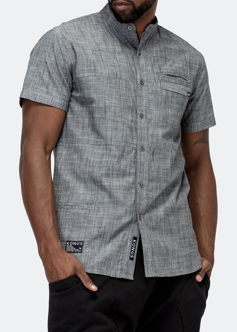 Men's Short Sleeve Mandarin Collar Shirt In Charcoal