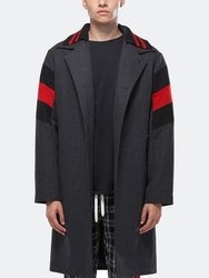 Men's Wool Blend Long Coat With Contrast Stripes In Charcoal - Charcoal