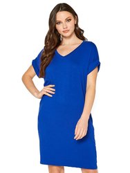 Women's Round Neck T-Shirt Dress With Pocket - Blue