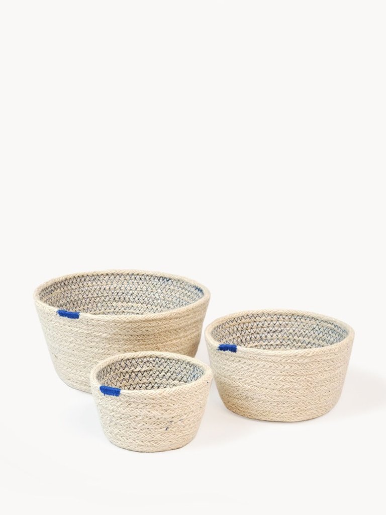 Amari Bowl - Blue (Set of 3) - Off-White with Blue stitch