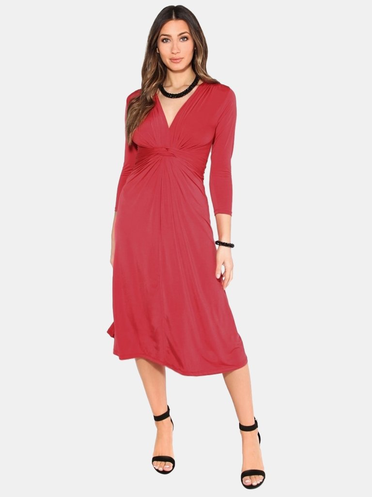 Krisp Red Womens/Ladies 3/4 Sleeve Knot Front Midi Dress - Red