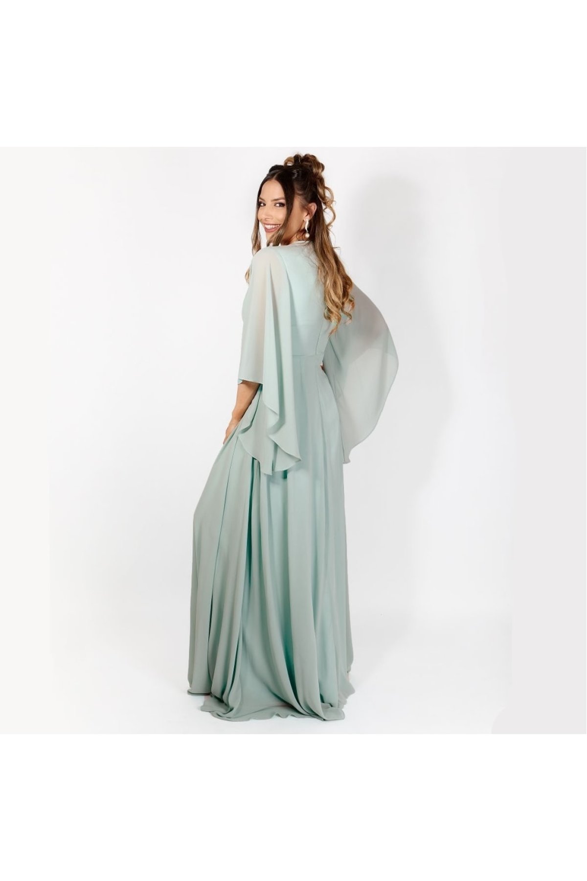 Women's Chiffon Wrap Cape Sleeve Maxi Dress
