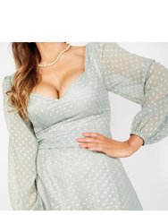 Womens/Ladies Dotted Dobby Sweetheart Blouson Sleeve Maxi Dress - Light Green 