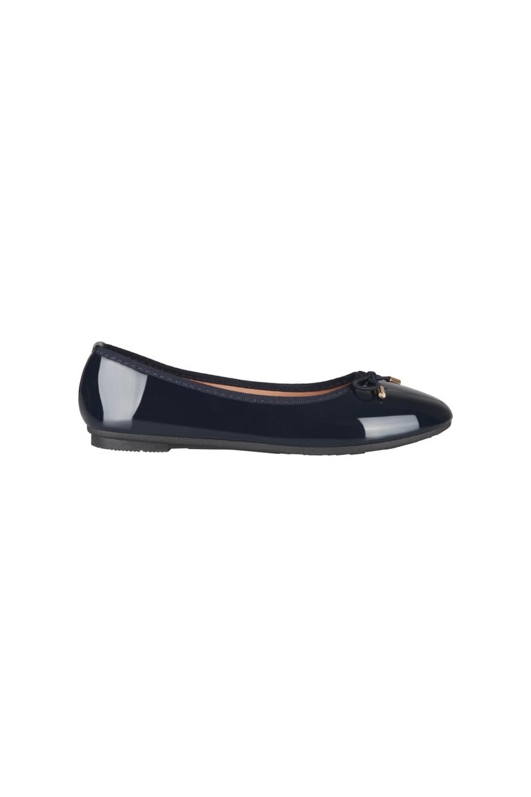 Womens/ladies Patent Leather Ballerina Pumps With Bow - Navy - Navy