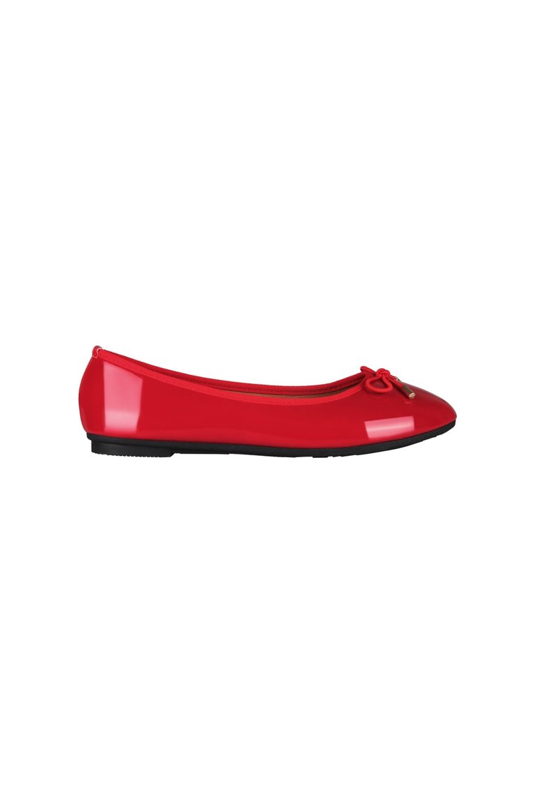 Womens/Ladies Patent Leather Ballerina Pumps With Bow - Red - Red
