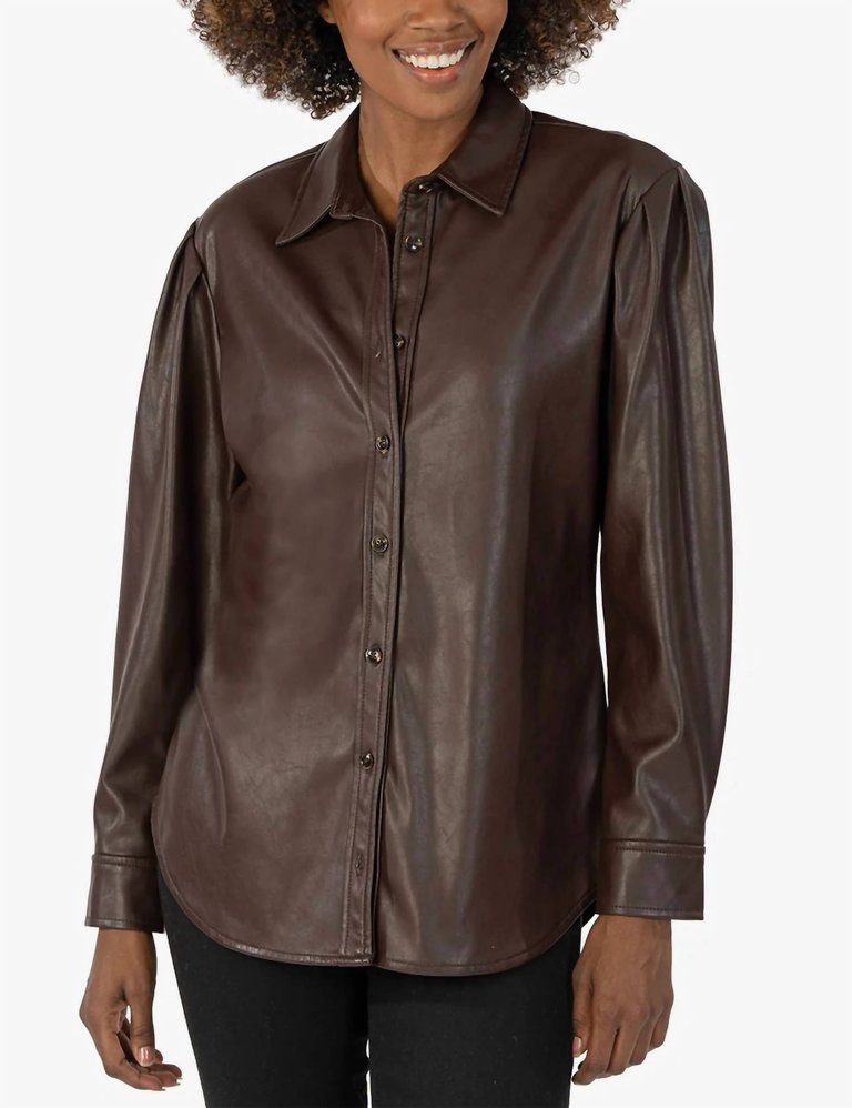 Henrietta Pleather Button Down Top In Chocolate - Chocolate