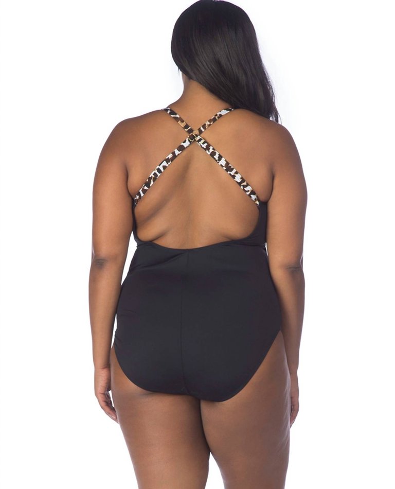 High Neck Lace Up One Piece Swimsuit - Plus In Wild Safari