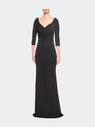 3/4 Sleeve Long Jersey Dress with Sweetheart Neckline - Black